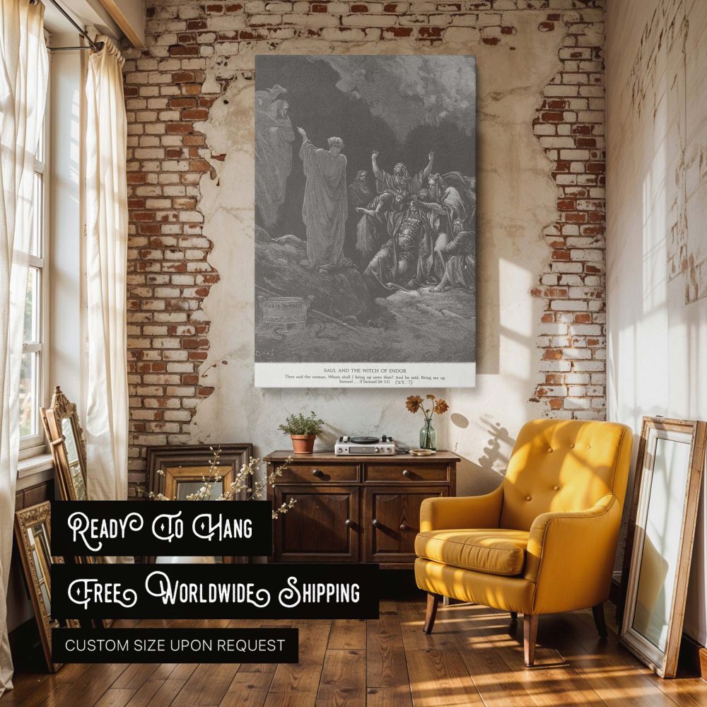 A powerful monochrome canvas wall print depicting the moment Saul encounters the ghost of Samuel through the Witch of Endor, as illustrated by Gustave Dore. The supernatural tension, spiritual intensity, and dramatic character expressions are captured wit