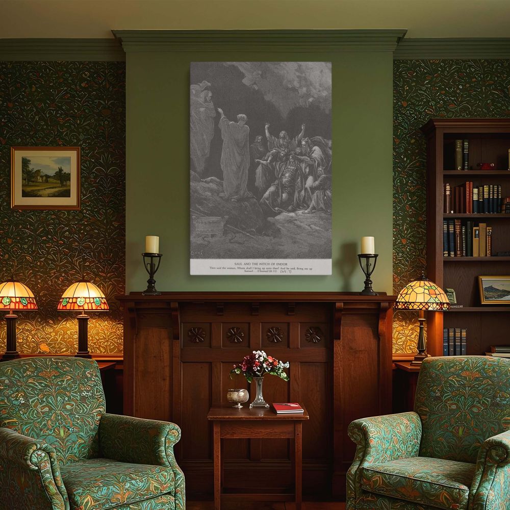 Gustave Dore's dramatic interpretation of Saul and the Witch of Endor is presented in this grayscale canvas wall art. The scene features Samuel's spirit rising before a fallen Saul, whose body reacts in terror. The witch stands stunned as dark clouds and 