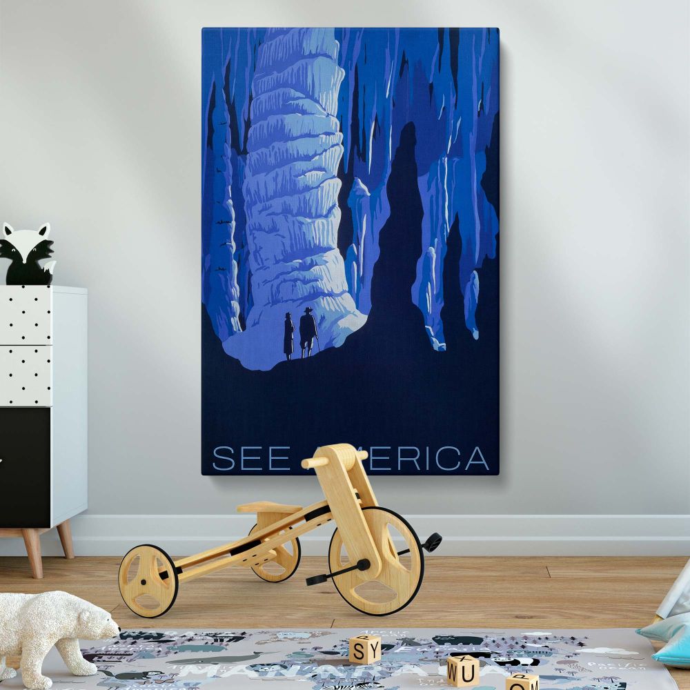 Artistic wall canvas showcasing hikers silhouetted against towering ice formations inside a dramatic blue cave, celebrating the wonder of nature and the spirit of exploration with bold colors and intricate details in a stunning composition.