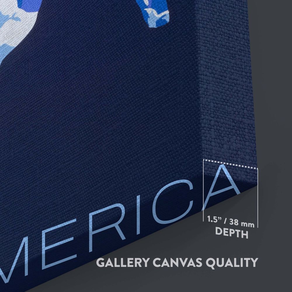 Captivating wall canvas featuring hikers exploring a deep blue ice cave with towering ice formations, designed to inspire a love for nature and adventure while celebrating America's breathtaking natural beauty in a bold and serene design.