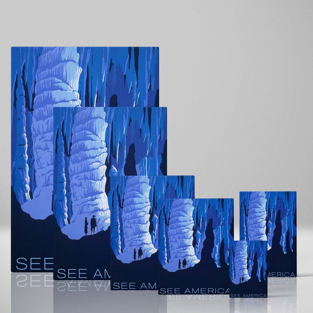 Explore America wall canvas illustrating two hikers in a massive ice cave surrounded by bold blue tones and icy formations, designed to evoke the sense of wonder and awe inspired by the country's breathtaking natural beauty.