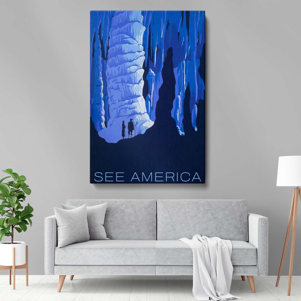 Stunning wall art showing two hikers standing beneath towering icy stalagmites in a deep blue cave, combining bold geometric shapes and colors to celebrate the adventure and serenity of America's majestic landscapes.