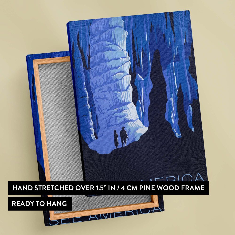 Breathtaking wall canvas featuring a vast ice cave with massive formations in bold blue tones and two hikers, representing the natural beauty and adventure of America's landscapes in a serene and dramatic artistic composition.