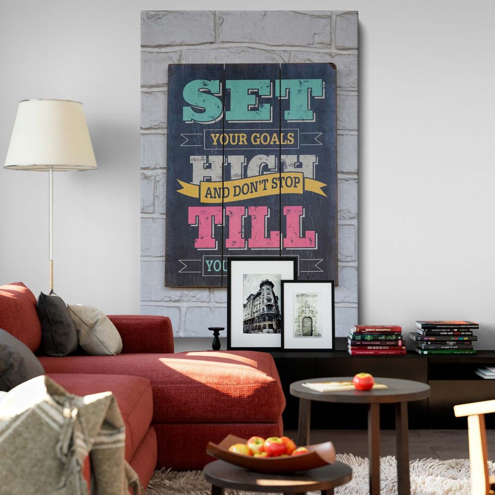 Motivational quote framed canvas print featuring a rustic wooden board design with bold typography, an inspiring typography print perfect for home office, classroom, or workspace decor that encourages success and goal-setting.
