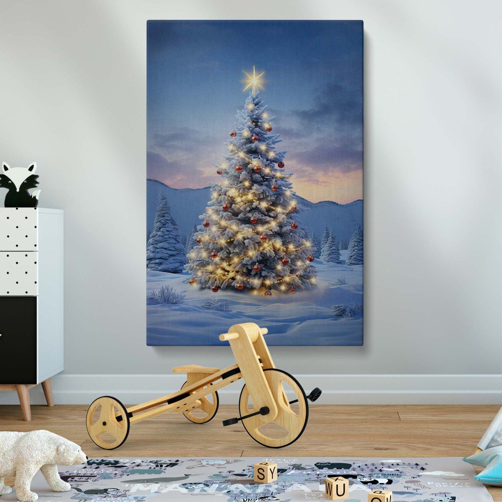 Elegant holiday canvas print of a glowing Christmas tree in a snowy wonderland, decorated with red ornaments and twinkling fairy lights, creating a warm festive ambiance, perfect Christmas wall art for home, office, or seasonal holiday decorations.