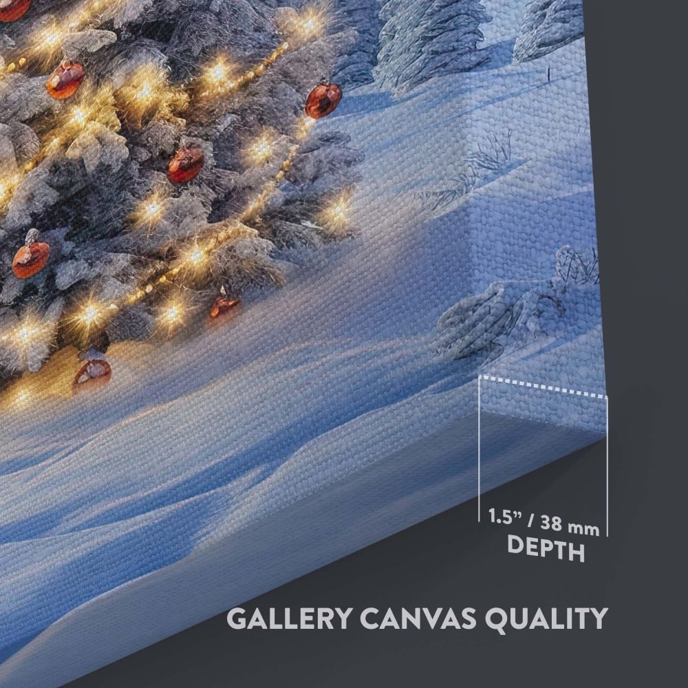 Beautiful Christmas tree glowing with twinkling lights, covered in fresh snow, and decorated with classic red baubles, set in a winter wonderland scene, ideal for festive holiday canvas prints, cozy home decor, and seasonal Christmas wall art.