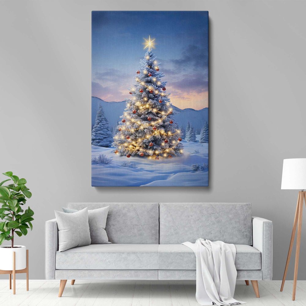 Cozy holiday wall art featuring a glowing Christmas tree with twinkling lights and festive red baubles, covered in fresh snow, making a perfect winter wonderland canvas print for Christmas home decor, office spaces, and seasonal decorations.