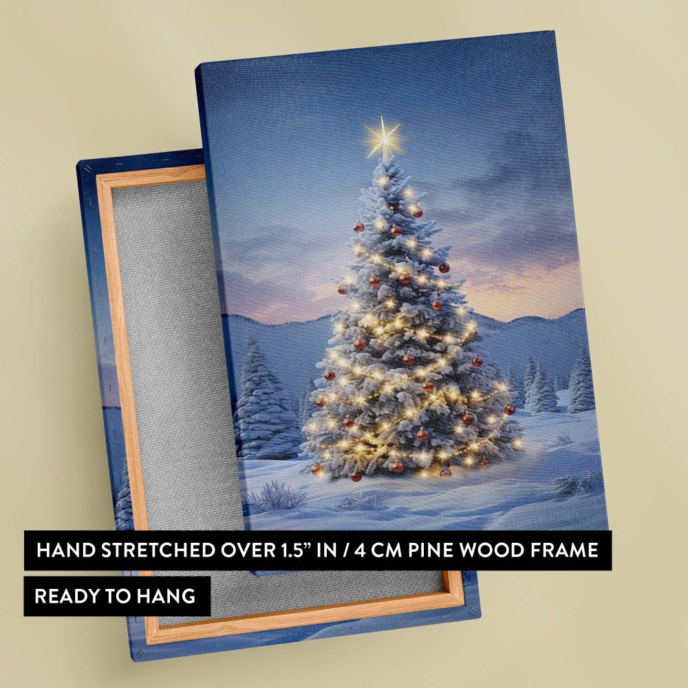 Festive Christmas tree canvas print showcasing a snowy winter setting with twinkling fairy lights and holiday decorations, creating a charming seasonal ambiance, ideal for holiday home decor, winter wall art, and cozy Christmas-themed decorations.