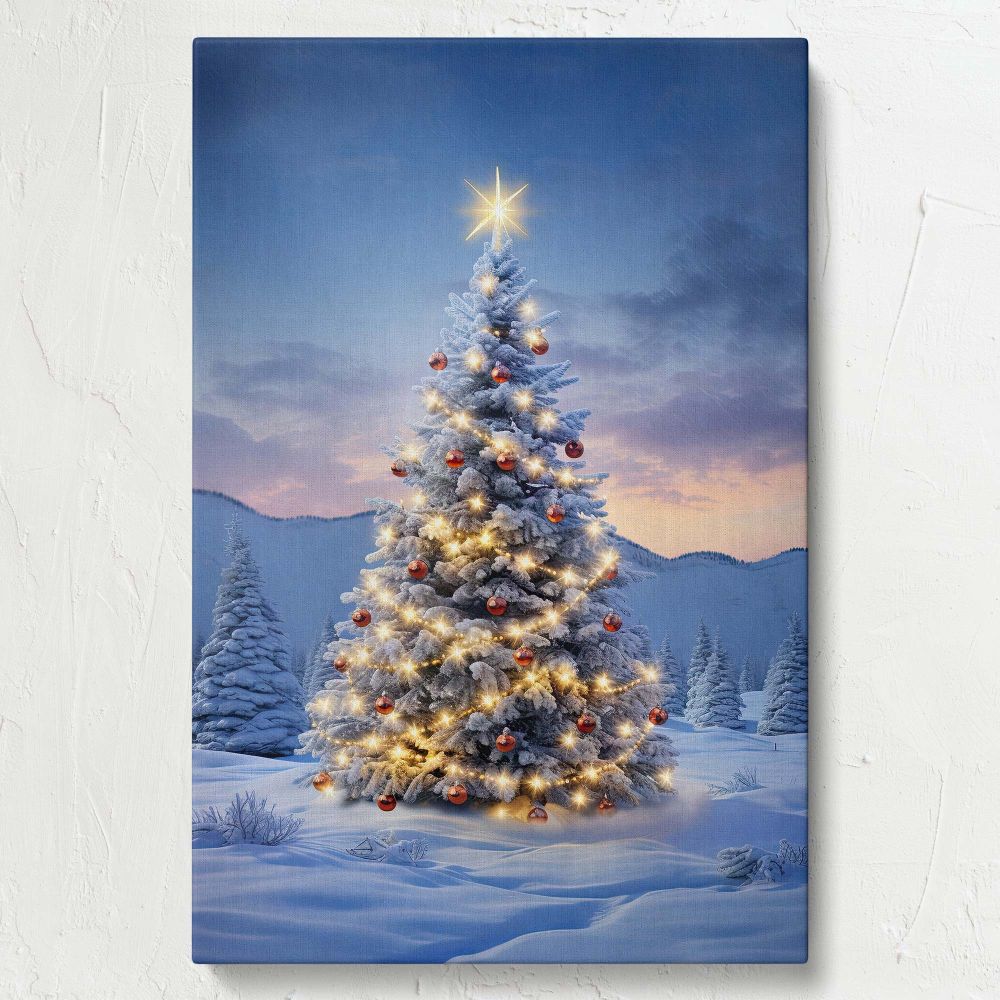 Glowing Christmas tree canvas print capturing the essence of the holiday season with snow-covered branches, festive red ornaments, and twinkling fairy lights, perfect for warm and inviting holiday home decor and seasonal Christmas wall art.