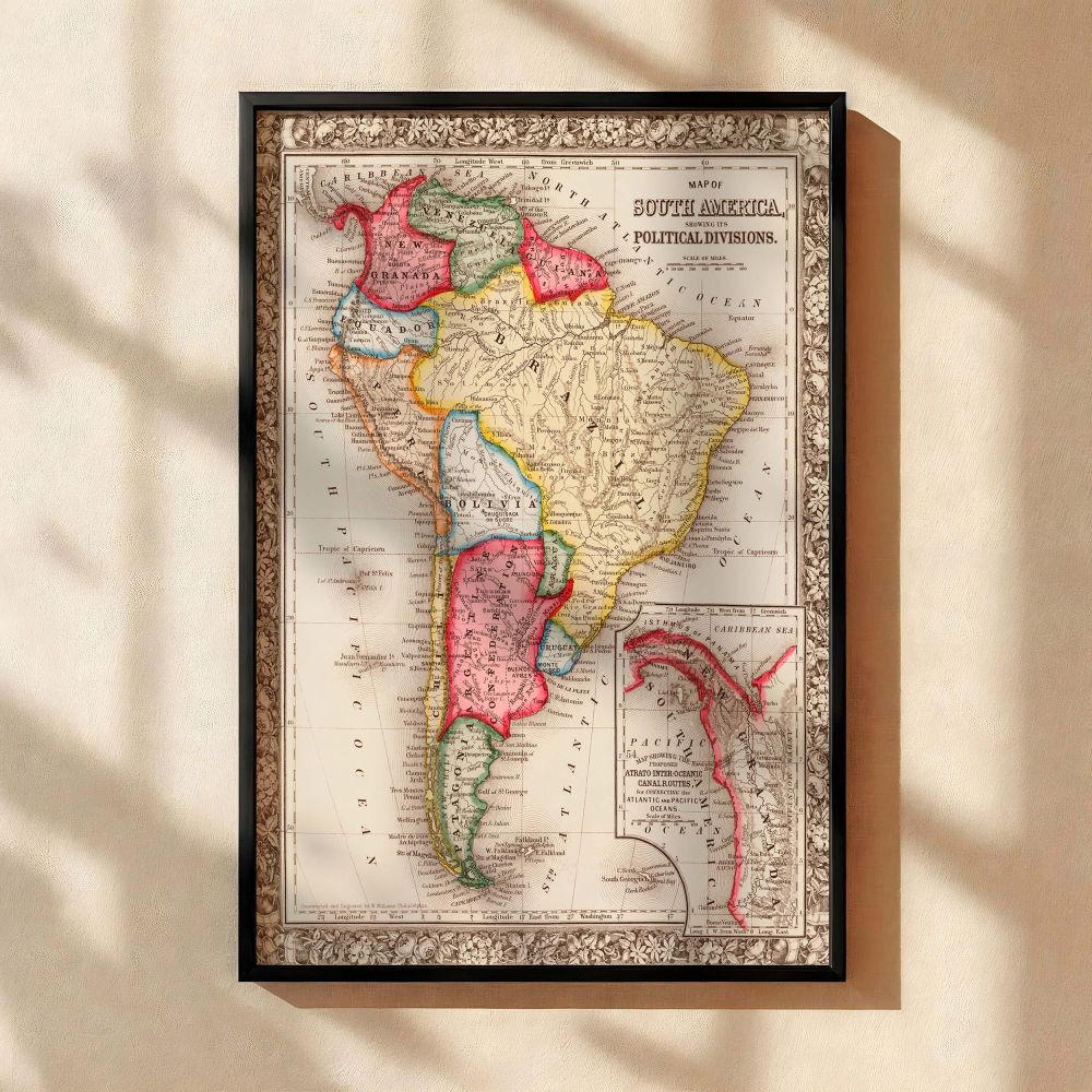 South America Map Wall Art - Elevate your space with this South America Political Map on a framed canvas, designed as both an educational wall art piece and a stylish home decor addition. Perfect for offices, classrooms, and study rooms, this America map 