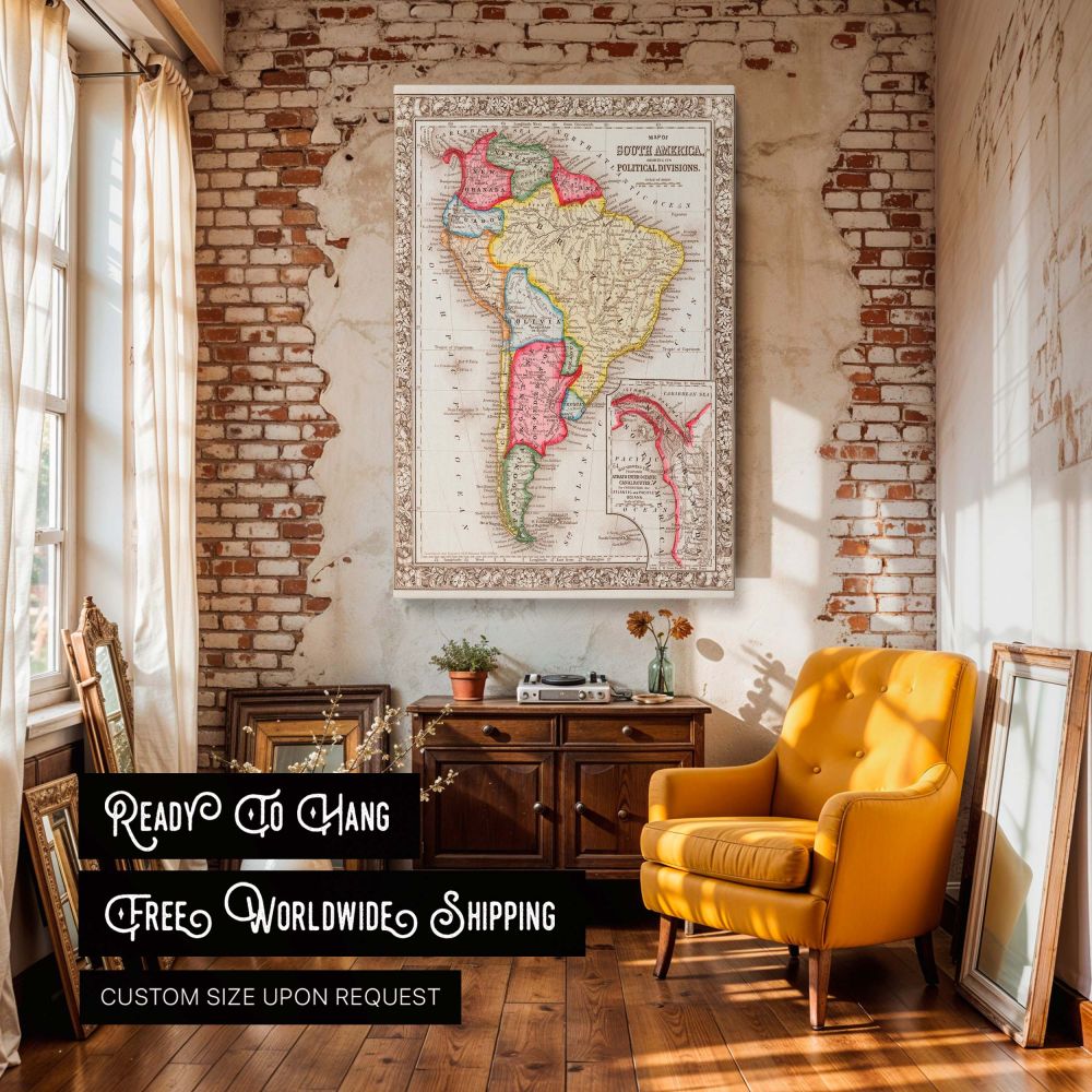 Educational Political Map Canvas Print - This South America Map showcases clearly marked countries and political divisions, making it a perfect educational wall art piece. Printed on a framed canvas, this high-quality wall hanging is ideal for office deco
