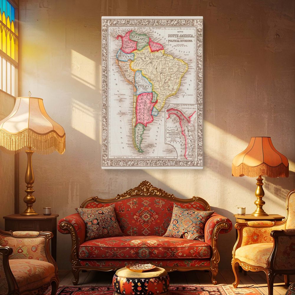 South America Map for Office Decor - Add an elegant and informative touch to your workspace with this political map of South America. Designed as a framed canvas print, this wall art suits offices, libraries, and classrooms. The detailed country boundarie