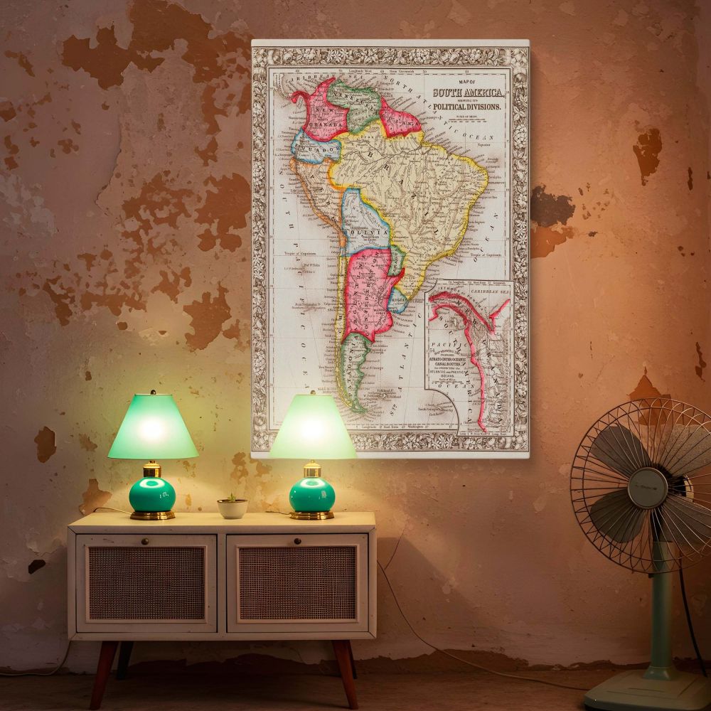 Political Map Wall Hanging for Study Room - Featuring the political boundaries of South America, this framed canvas is a visually appealing and educational wall art piece. Ideal for classrooms, study spaces, or workspaces, this world map canvas print serv