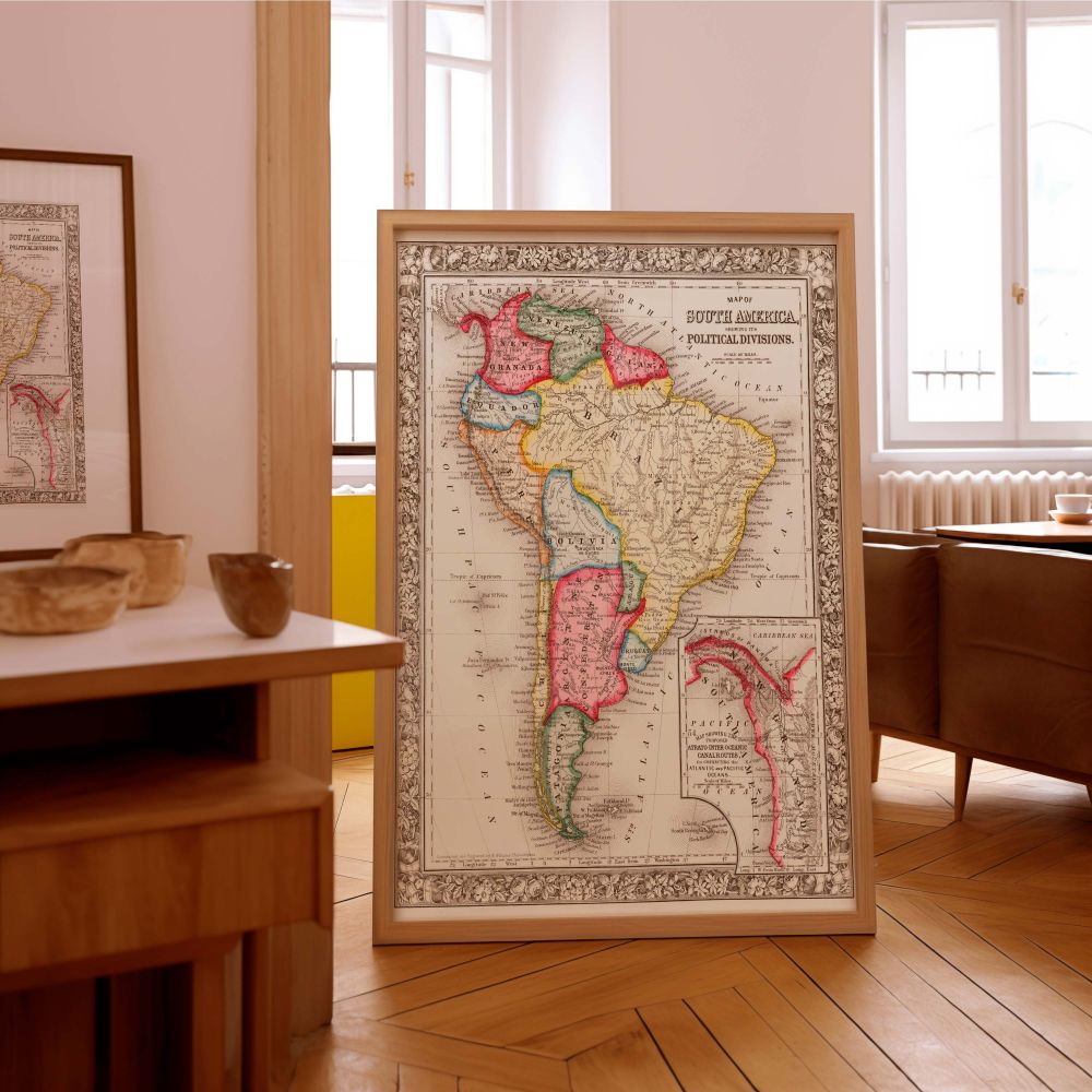 World Map Canvas Print for Home Decor - This South America Political Map is not just a learning tool but a stylish home decor piece. Whether displayed in a study, office, or classroom, this framed canvas print offers a blend of artistic appeal and educati