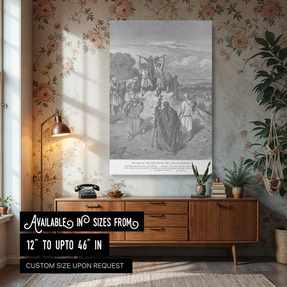 This wall canvas features Gustave Dore's engraving of the Israelite spies returning from Canaan carrying a massive cluster of grapes between them, surrounded by others holding pomegranates and figs, symbolizing the richness of God's promise in striking bl