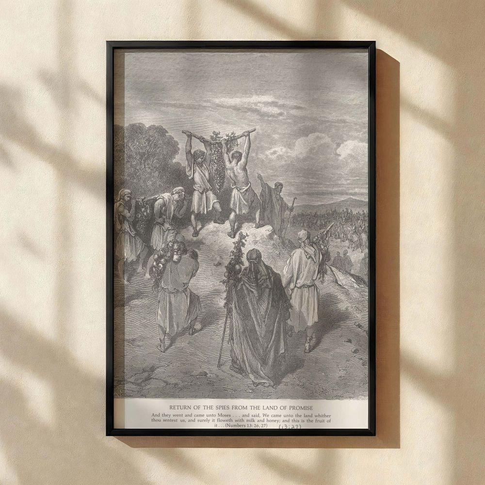 A dramatic black and white wall canvas showing the return of the Israelite spies from the Promised Land, with two men holding a large cluster of grapes and others walking alongside them, captured in Gustave Dore's engraved style that highlights biblical a