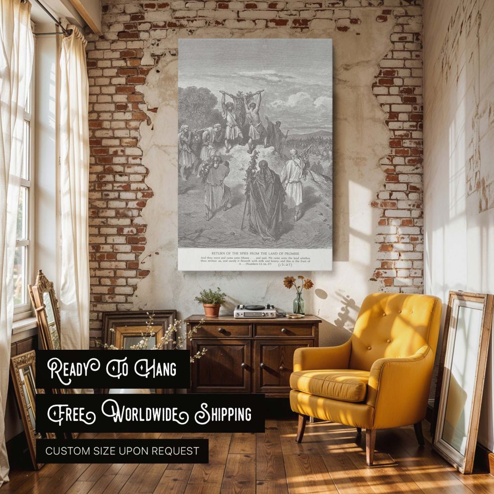 This wall canvas presents a scene of promise and discovery, with Dore illustrating two men carrying fruit on a pole from Canaan as others gather to witness the report, representing faith, obedience, and the tangible evidence of God's faithfulness.
