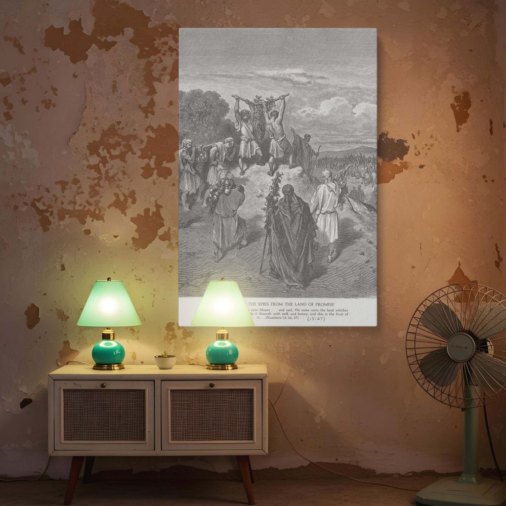 In this high-resolution wall canvas, Dore depicts the hopeful moment when spies return from Canaan, carrying fruit that proves the land's fertility, while others observe, reflecting a turning point in Israel's journey toward the fulfillment of God's promi