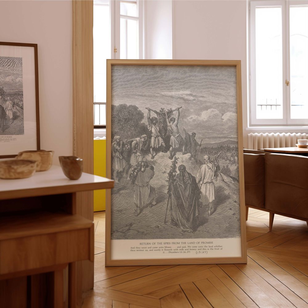 Dore's engraving is brought to life on this wall canvas, showing the spies returning to Moses and the Israelites, carrying visual proof of Canaan's abundance, symbolizing faith and divine generosity in bold black and white engraving.