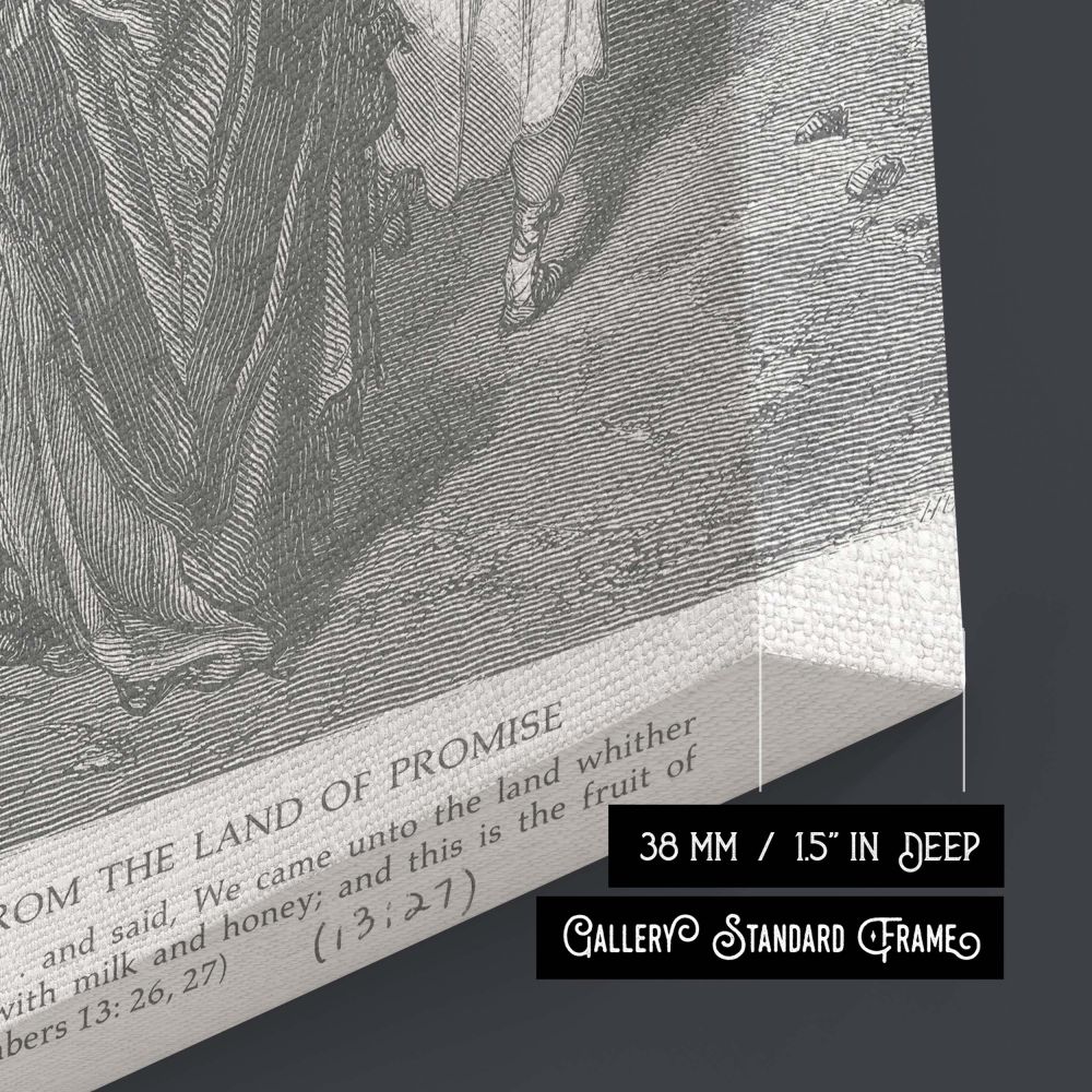 This striking wall canvas depicts the spies returning from the Promised Land, featuring two men lifting a giant grape cluster, surrounded by onlookers and rolling landscape, illustrating both divine promise and human hesitation.