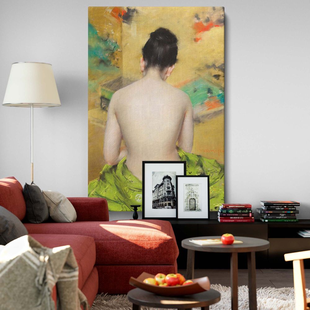 William Merritt Chase Study of Flesh Color and Gold canvas wall art, a vintage nude painting of a Japanese woman with a green kimono, impressionist fine art reproduction, ideal for bedroom, office, or home decor, printed on high-quality canvas.