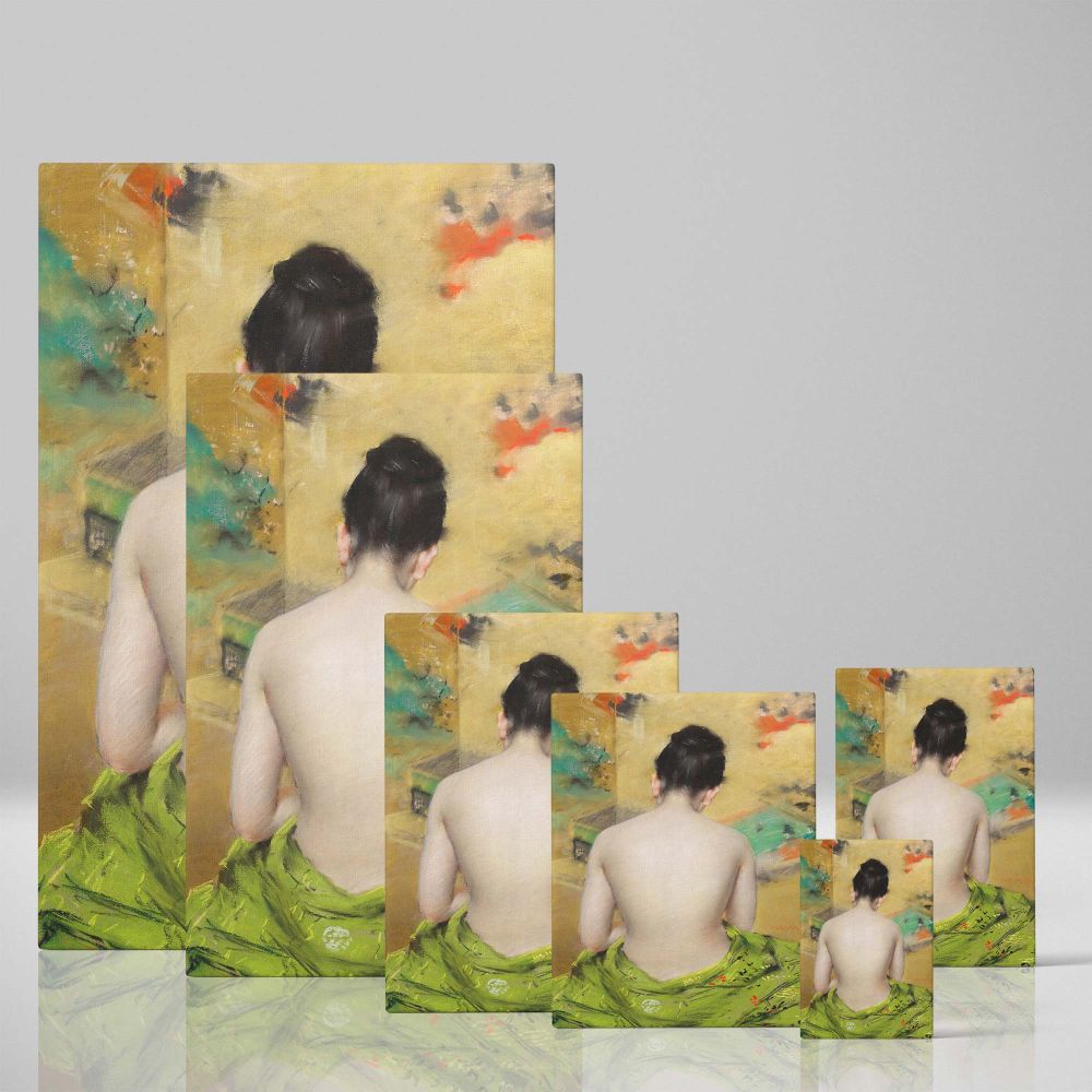 Classic nude woman painting on canvas, Study of Flesh Color and Gold by William Merritt Chase, a high-quality art reproduction showcasing a sensual Japanese woman, printed on museum-grade canvas, ideal for home or gallery wall display.