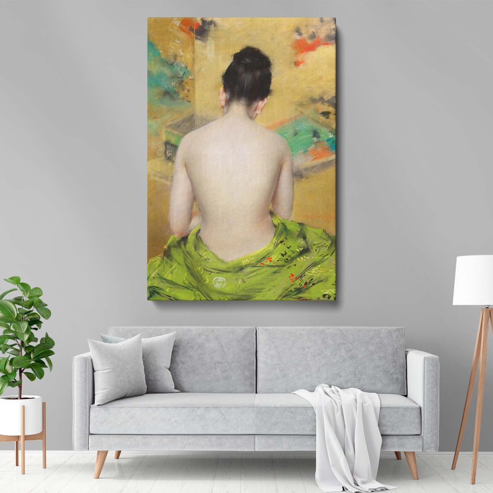 William Merritt Chase nude artwork, vintage impressionist painting featuring a sensual Japanese woman draped in a kimono, elegant canvas wall print, perfect for bedroom, office, or sophisticated home interiors, printed with fade-resistant inks.