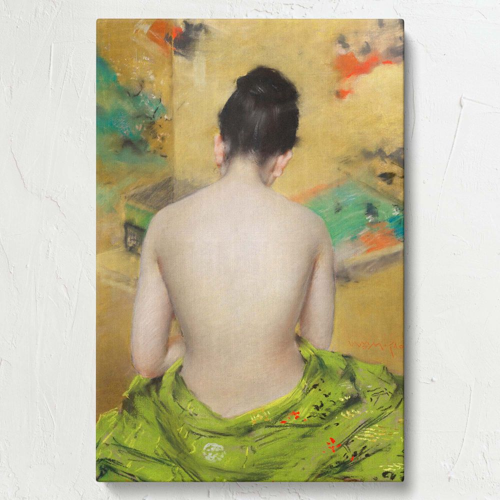 Sensual Japanese woman painting by William Merritt Chase, vintage impressionist art on canvas, high-quality fine art print, ideal for bedroom decor, luxurious living spaces, or sophisticated office interiors, timeless and elegant.
