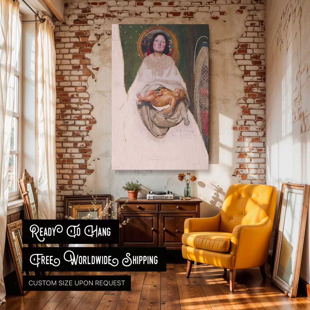 Reproduction canvas wall art of the famous unfinished painting Take Your Son Sir showing a woman with flushed cheeks presenting her newborn painted by Ford Madox Brown this framed canvas print is ideal for home libraries offices or symbolic wall canvas ga