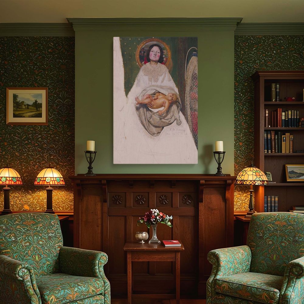 Victorian unfinished painting by Ford Madox Brown showing a young mother presenting her child directly to the viewer printed as stunning canvas wall art ideal for symbolic home displays office interiors or Pre-Raphaelite fans who enjoy narrative framed ca