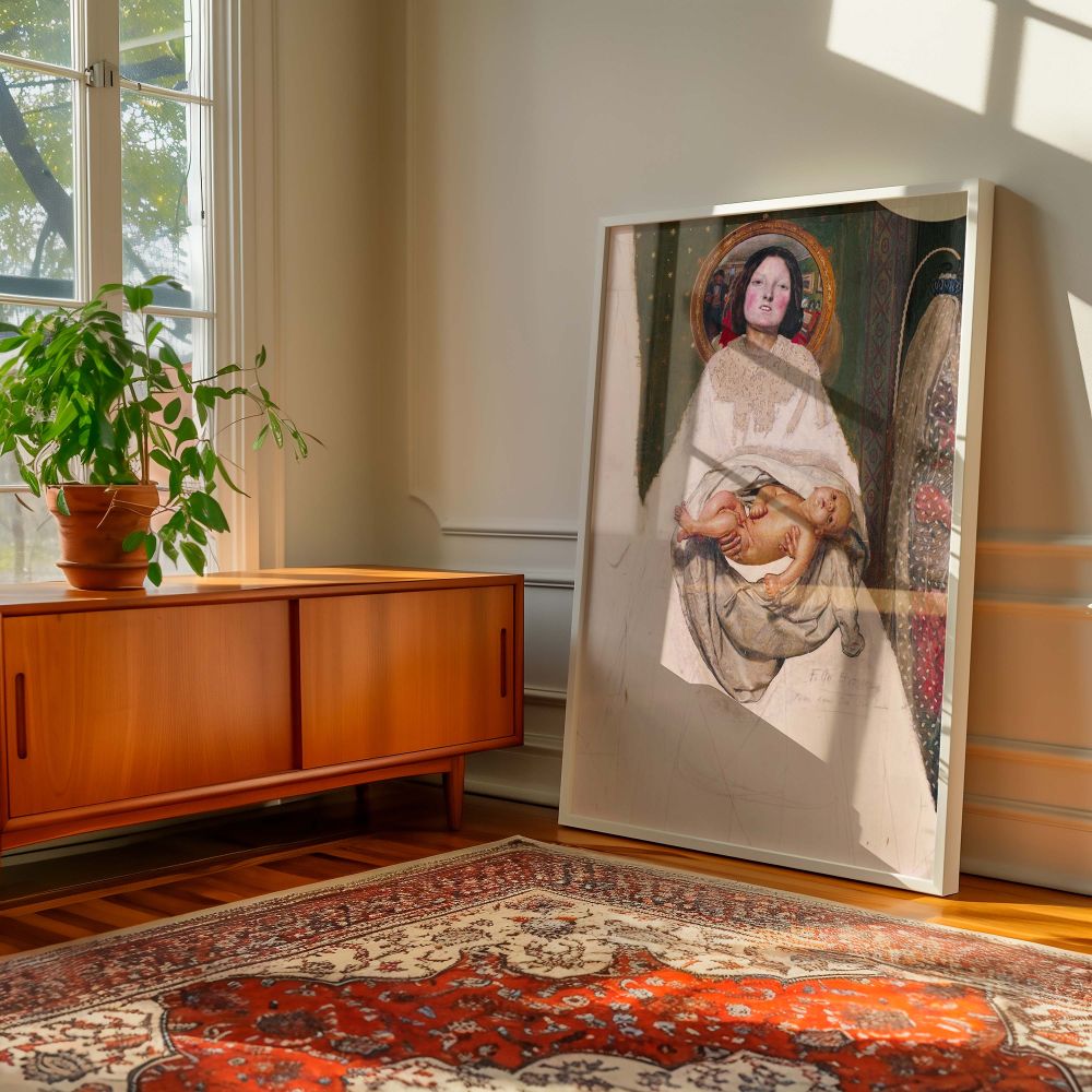 Framed canvas wall print of Take Your Son Sir by Ford Madox Brown showing intricate details of motherhood and confrontation through symbolic unfinished art printed on canvas ideal for collectors or emotional interior design.