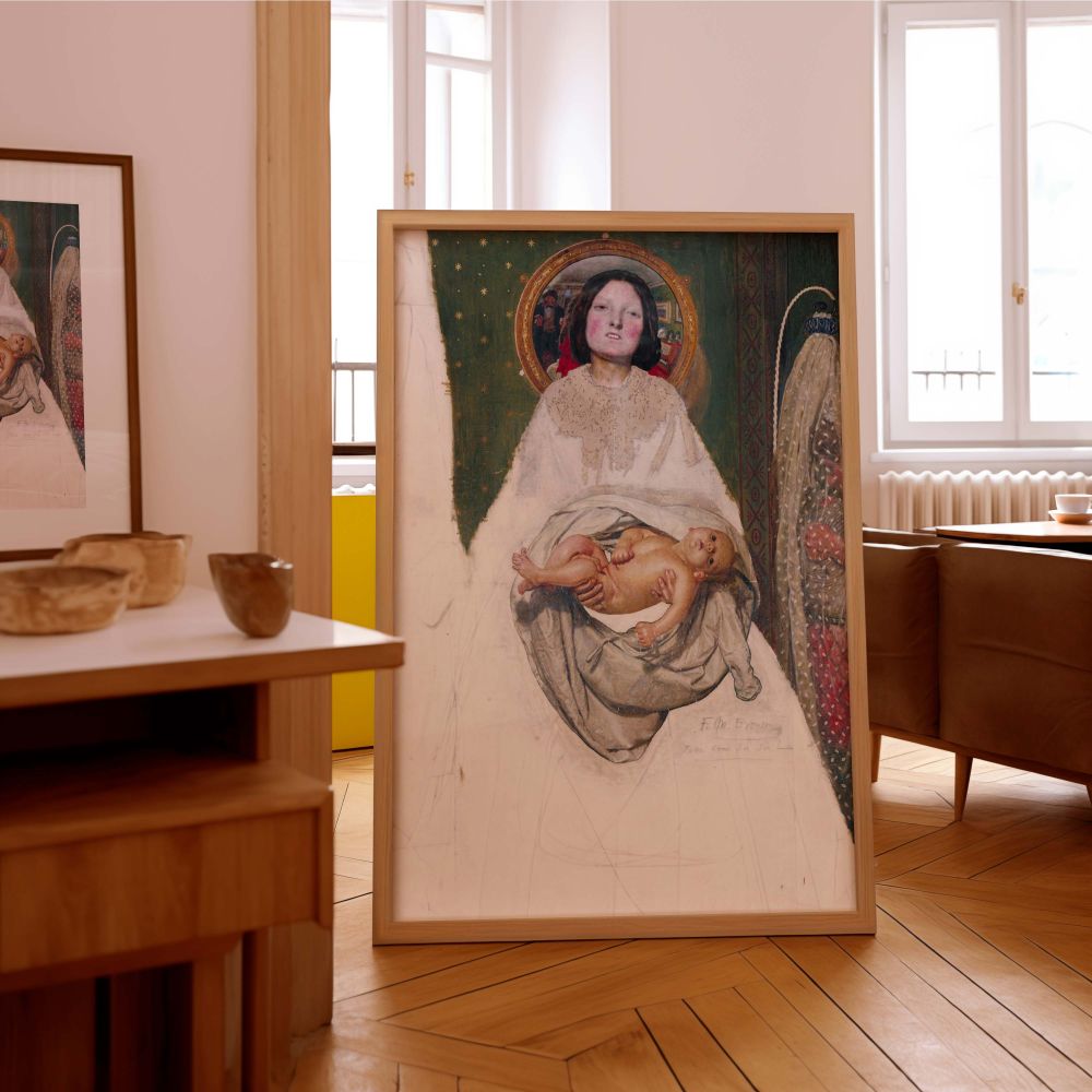 Emotionally rich canvas wall print of a mother and child painted by Ford Madox Brown showing symbolic expression and Victorian tones this reproduction canvas wall art suits thoughtful reading rooms offices or vintage inspired wall displays.