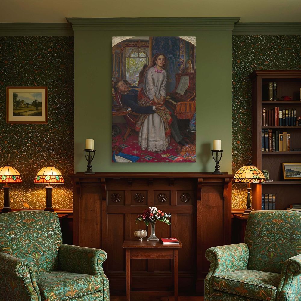 Featuring intricate Victorian interior elements and moral symbolism, this canvas wall print of Hunt's 