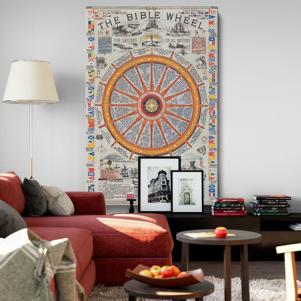 The Bible Wheel 1881 canvas print by W.C. Mills, a rare vintage Christian artwork for sailors featuring maritime symbols, scripture references, and nautical faith guidance, a stunning religious historical piece for home, office, or church decor.