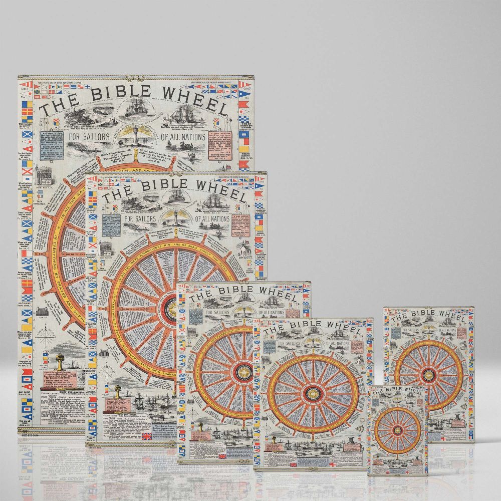 Christian nautical scripture canvas print of The Bible Wheel by W.C. Mills, a unique 1881 religious historical artwork filled with maritime symbols and Bible verses, a timeless spiritual decor piece for collectors of religious and sailing history.