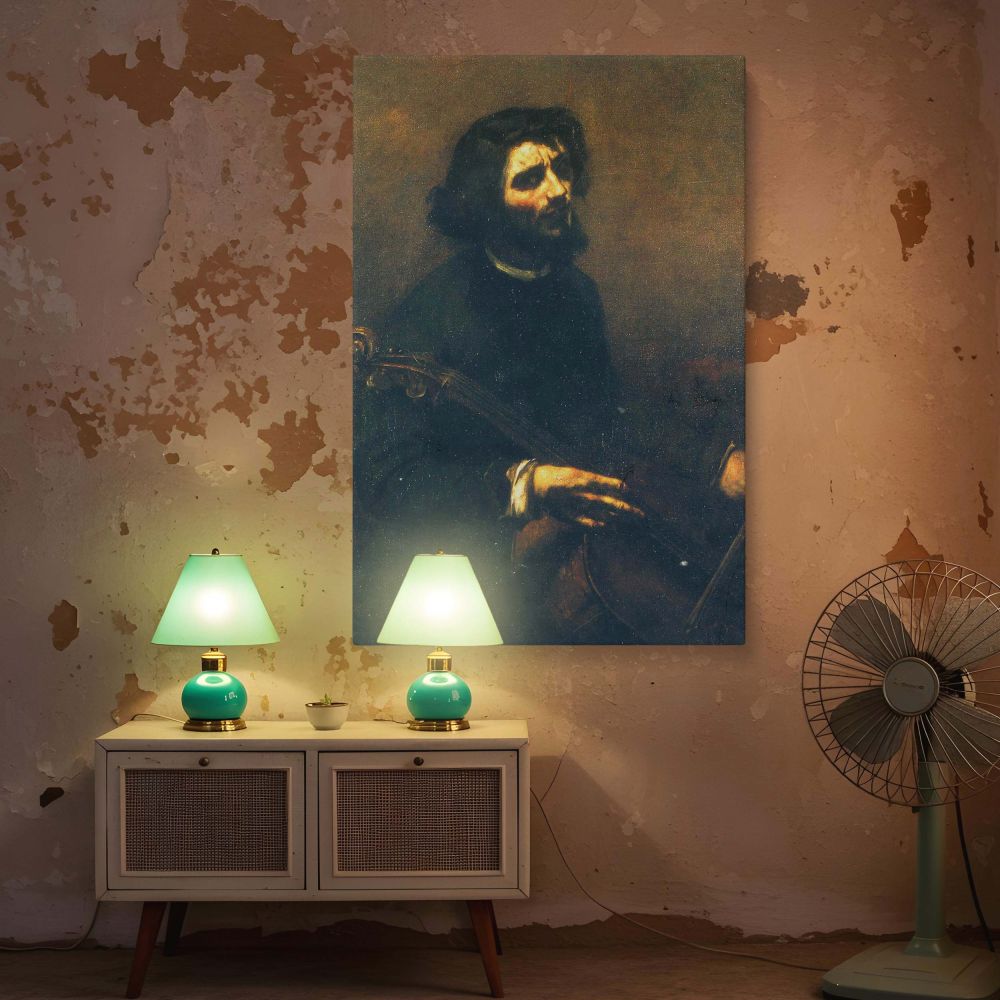 Gustave Courbet's self-portrait as a cellist on canvas captures the powerful intersection between music and personal reflection. The composition features soft light illuminating the artist's face and hands against a dark, almost smoky background. His deep