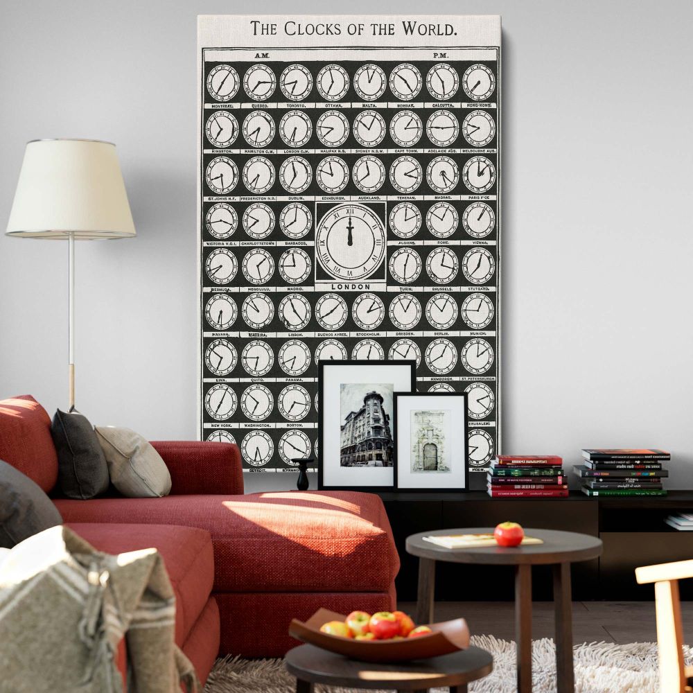 Vintage The Clocks of the World canvas print from 1910 Medicology, showcasing world clocks from major cities. A historic black-and-white time zone chart ideal for home, office, study, travel-themed decor, or a unique antique wall art gift.