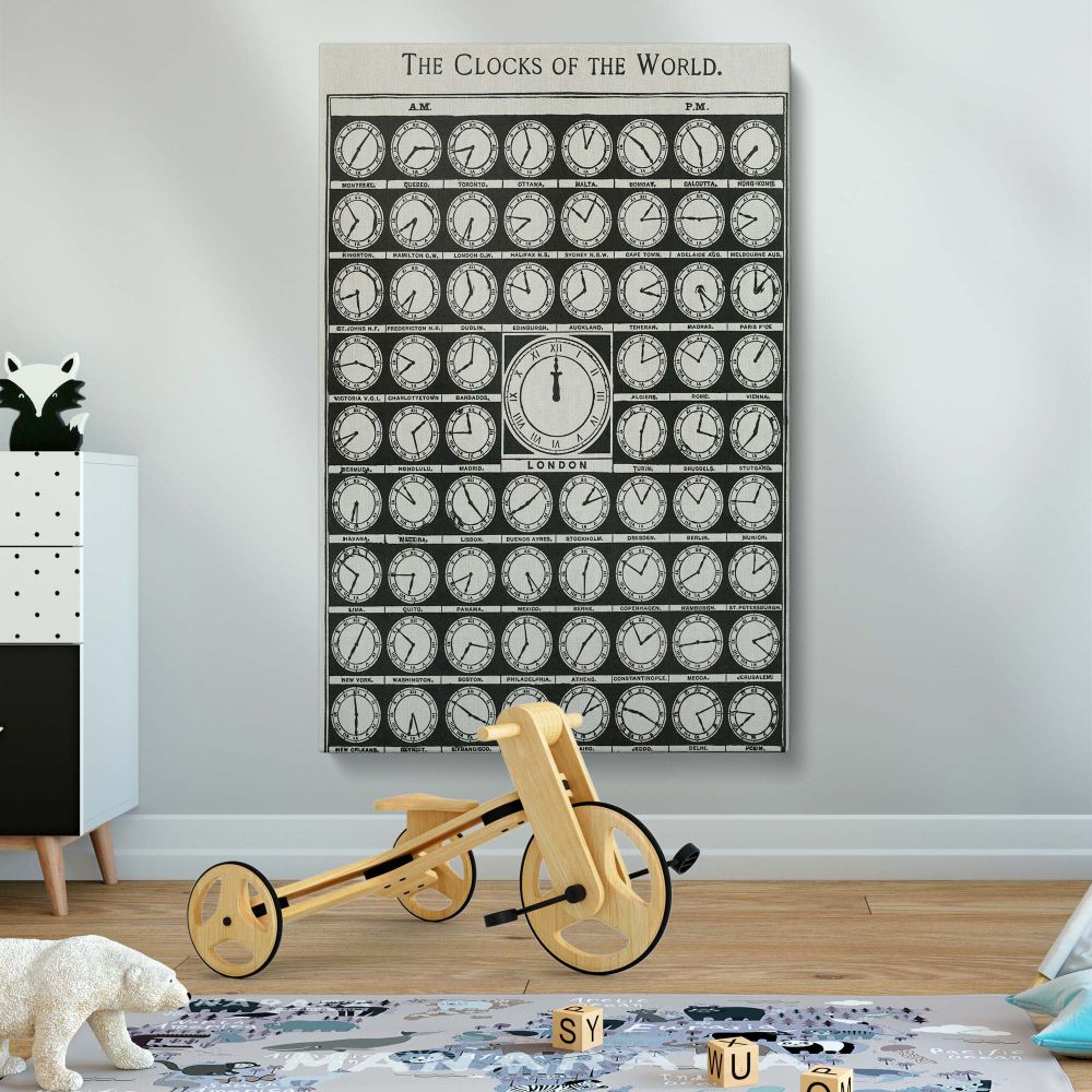 Antique world clock chart from 1910 Medicology, printed on high-quality canvas. Featuring vintage-style global time zones, this historical print is perfect for travelers, map enthusiasts, and elegant office or home decor with a classic touch.