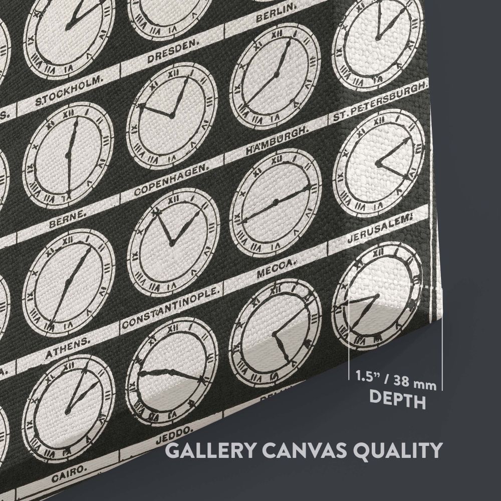 The Clocks of the World (1910) black-and-white canvas print, displaying historic time zones of global cities. A timeless wall art piece for offices, libraries, classrooms, or collectors of vintage maps, antique scientific charts, and travel-themed decor.