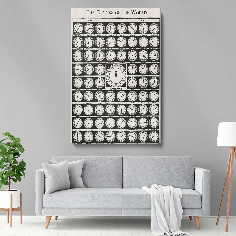 Classic world clock print, a beautifully detailed vintage time zone reference from Medicology (1910), showing cities from New York to Tokyo. Perfect for antique collectors, office wall decor, and educational travel-themed historical artwork.