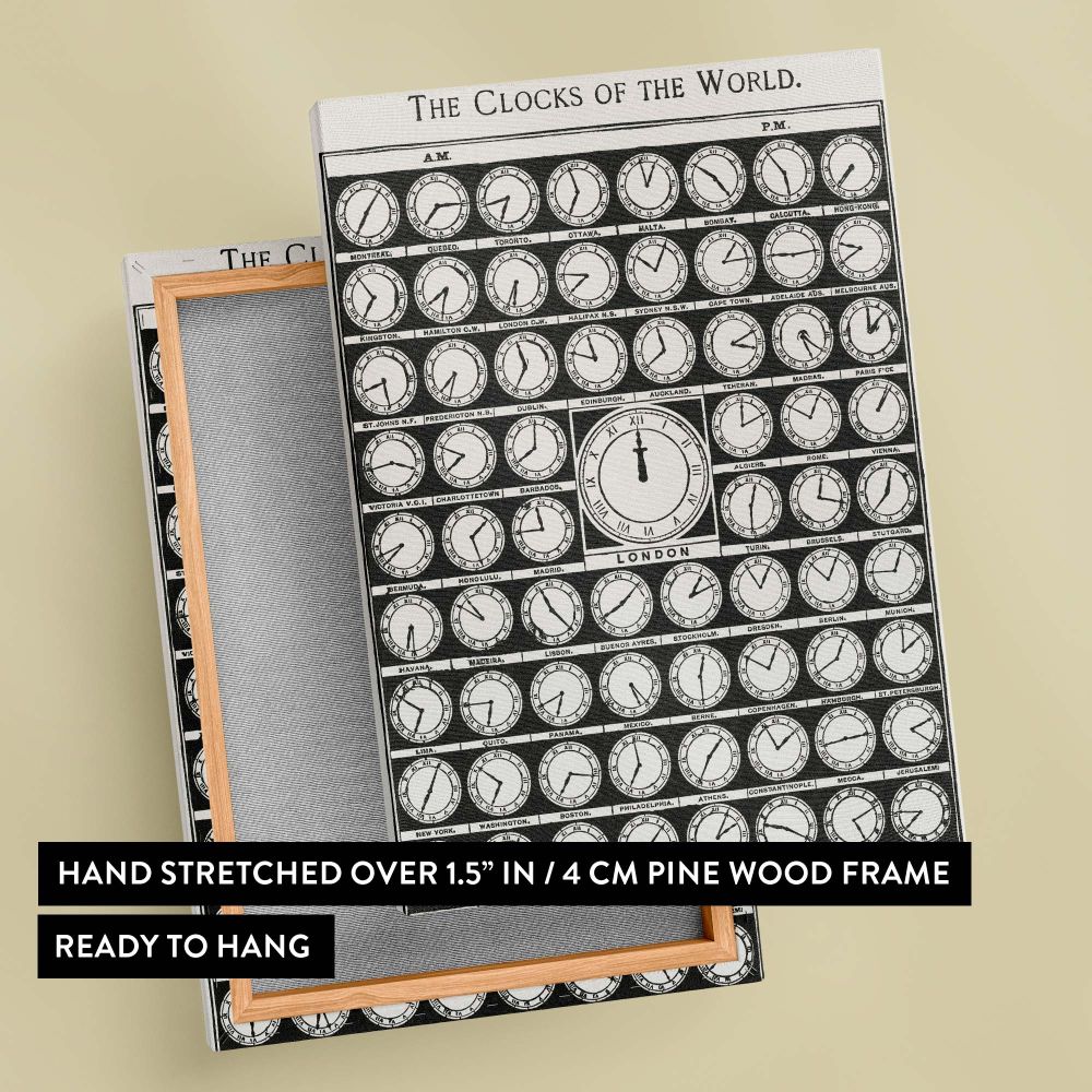 The Clocks of the World 1910 vintage scientific chart, displaying city time zones in an elegant antique style. High-quality black-and-white canvas print for map lovers, workspaces, and those who appreciate old-world travel and global history.