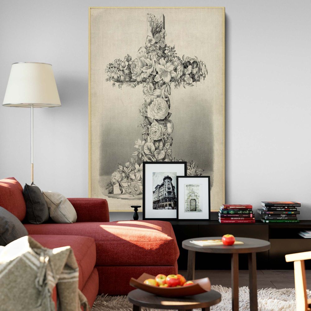 The Easter Cross canvas wall print, a vintage Currier & Ives illustration featuring a floral-adorned cross, a symbolic Christian artwork perfect for home prayer spaces, churches, or offices seeking faith-based decor with artistic elegance.