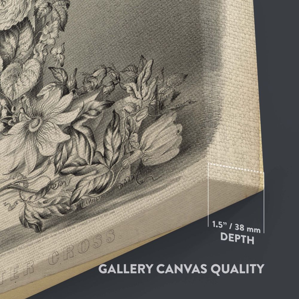 Museum-quality The Easter Cross framed canvas print, a striking vintage religious artwork featuring intricate floral designs on a cross, a meaningful Christian wall art piece perfect for devotional home decor, sacred offices, or prayer rooms.