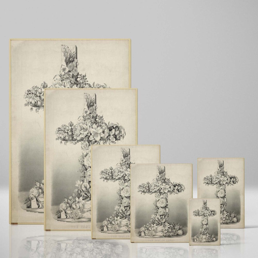 The Easter Cross framed Christian wall art, a detailed lithograph by Currier & Ives depicting a symbolic floral cross, a stunning faith-based artwork for home interiors, chapels, churches, or biblical meditation and study rooms.