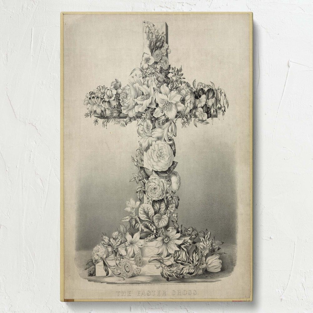 Biblical-themed The Easter Cross framed canvas print, a beautiful religious floral illustration representing resurrection and hope, an inspirational Christian wall art piece for devotional settings, churches, or prayer spaces.