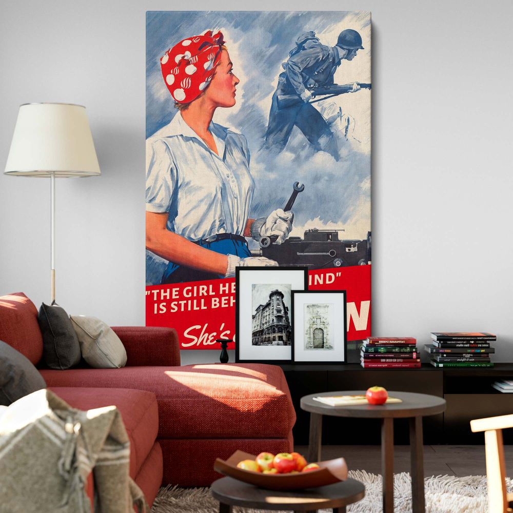 Vintage WWII-inspired wall canvas featuring a strong woman holding a wrench in a bold design with a marching soldier in the background, symbolizing empowerment, resilience, and the vital role of women during wartime in a colorful and dynamic artwork.