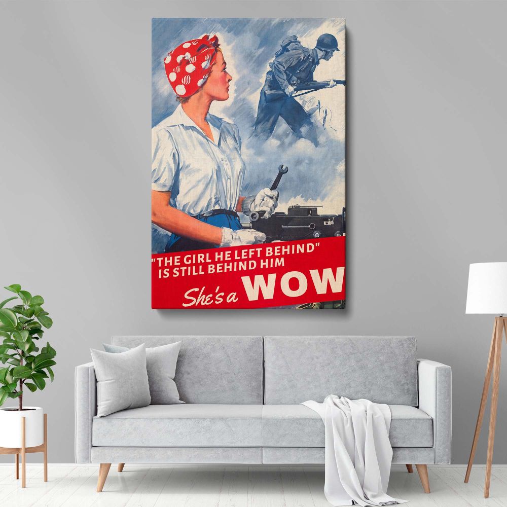 Artistic vintage canvas showing a strong woman holding a wrench with a soldier in the background, blending WWII history and empowering themes in a vibrant and dynamic artwork celebrating resilience, determination, and the contributions of women.