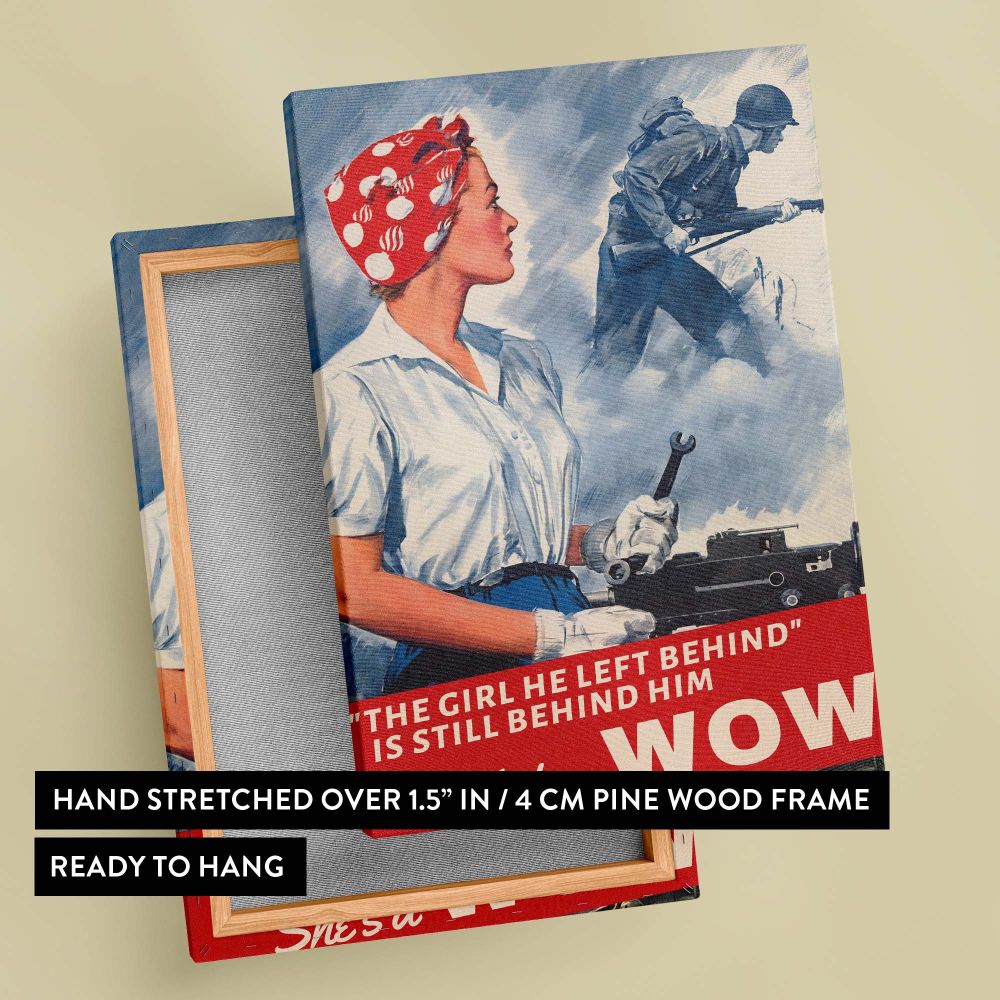 Historical wall art featuring a woman holding a wrench in the foreground and a WWII soldier marching behind her, celebrating the strength of women and their contributions during wartime in a bold, colorful, and empowering vintage-inspired canvas.