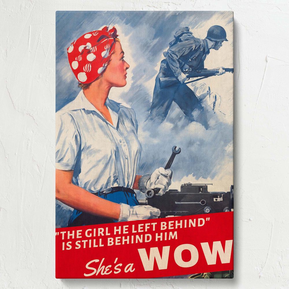 Inspirational WWII-themed canvas showcasing a strong woman holding a wrench and a soldier in the background, combining bold colors and historical imagery to celebrate the resilience and determination of women on the home front during wartime.