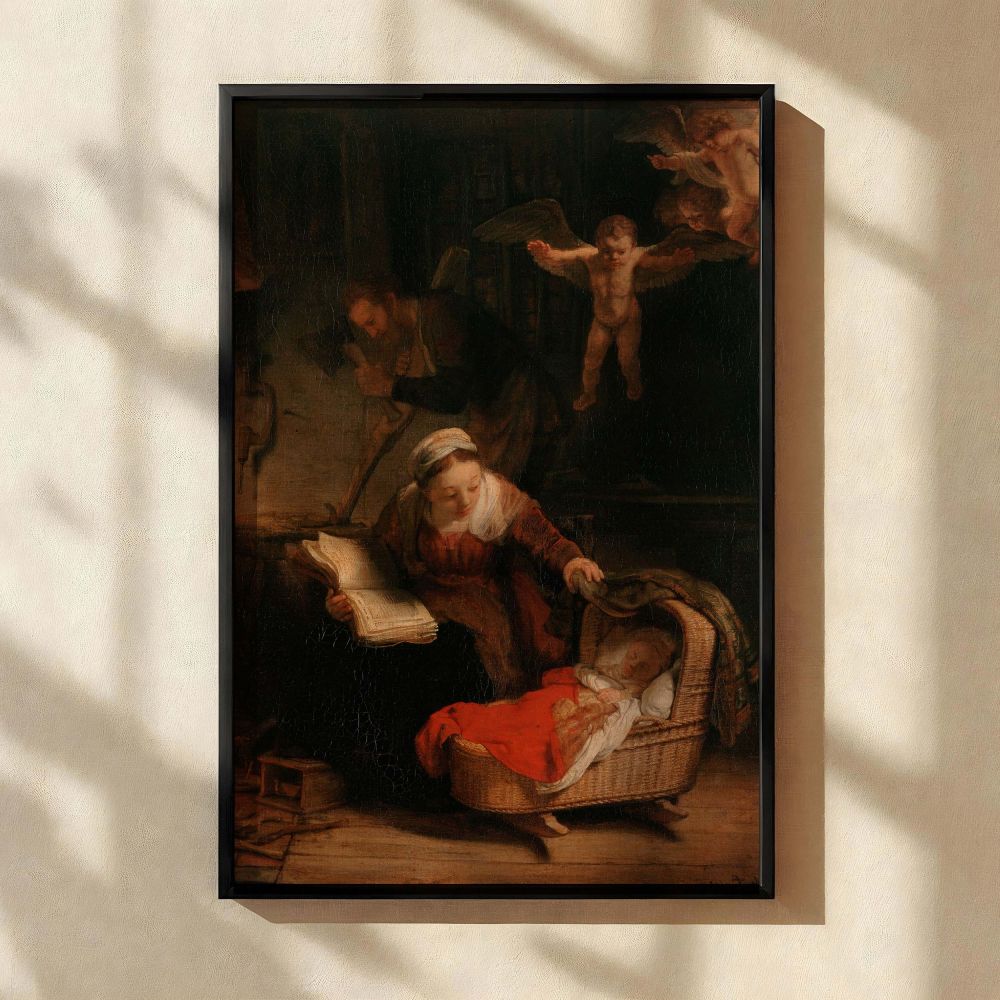 This canvas wall print captures The Holy Family by Rembrandt in a cozy, candlelit room where Mary gently turns from her reading to gaze at the infant Jesus sleeping in a cradle. St. Joseph quietly works in the dim background as a trio of winged cherubs ho